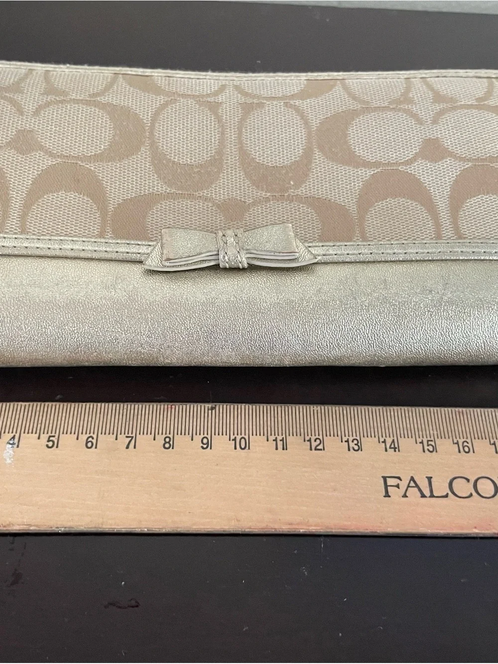 Coach Metallic Trim Signature Canvas Bow Wristlet in Beige